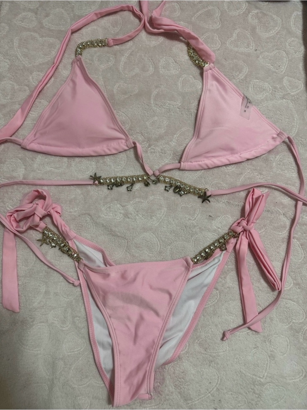 Pink String Bikini Set with Beaded Trim